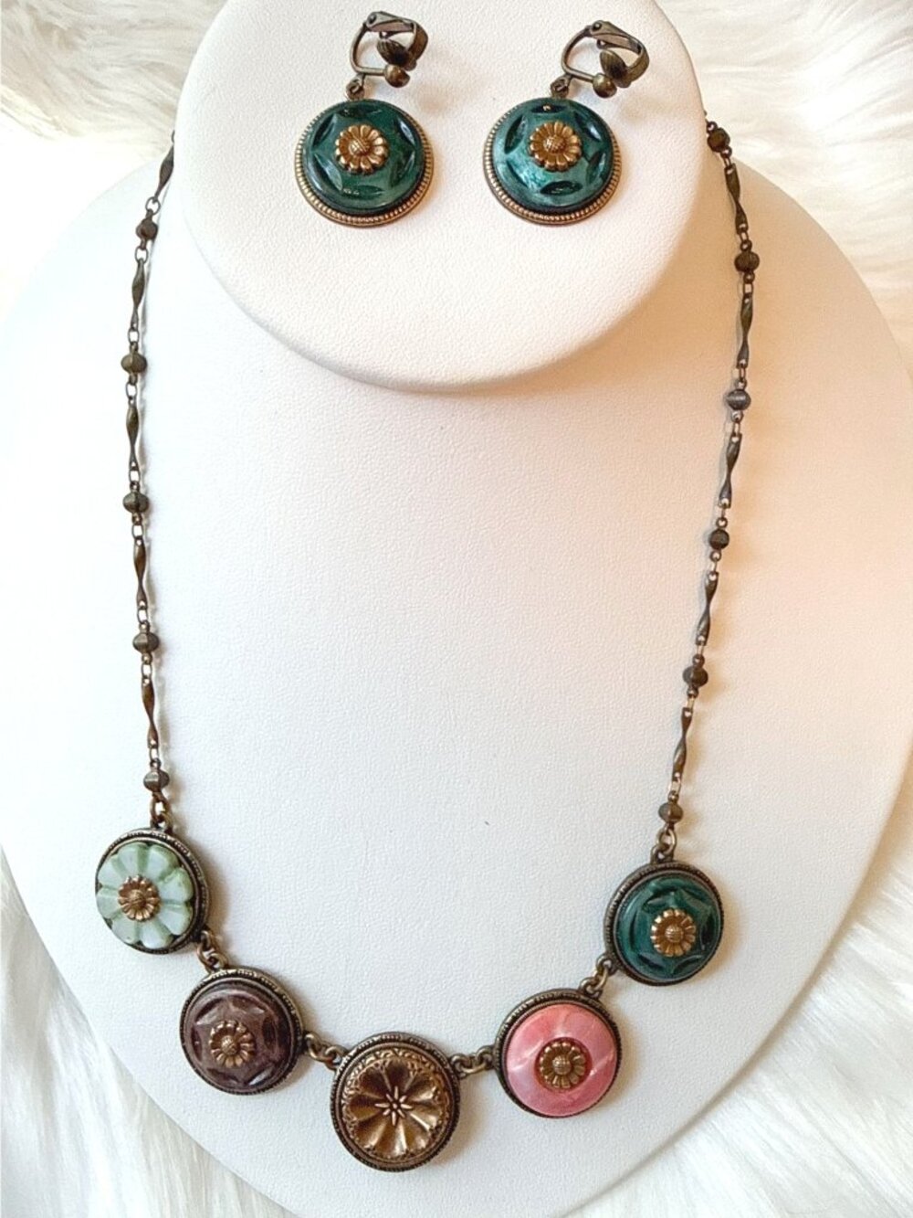 Grandmother's Buttons Mother Of Pearl Antique Brass Amelia Necklace Earrings Set